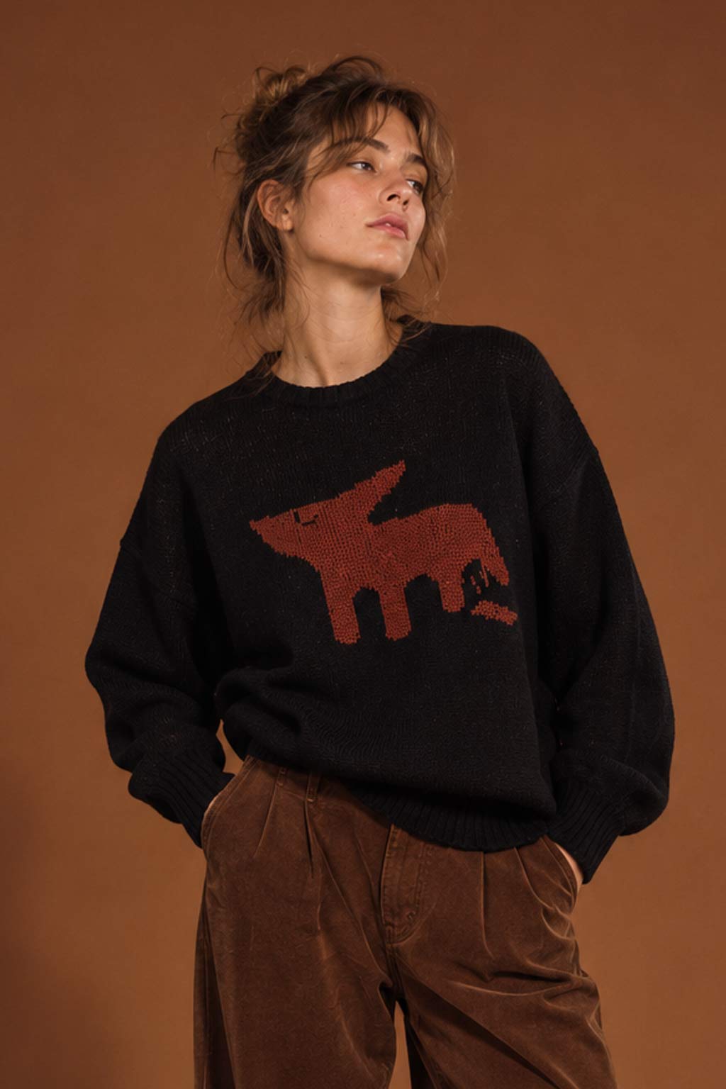 Model leaning on a wall in a black sweatshirt with a colourful doodle print