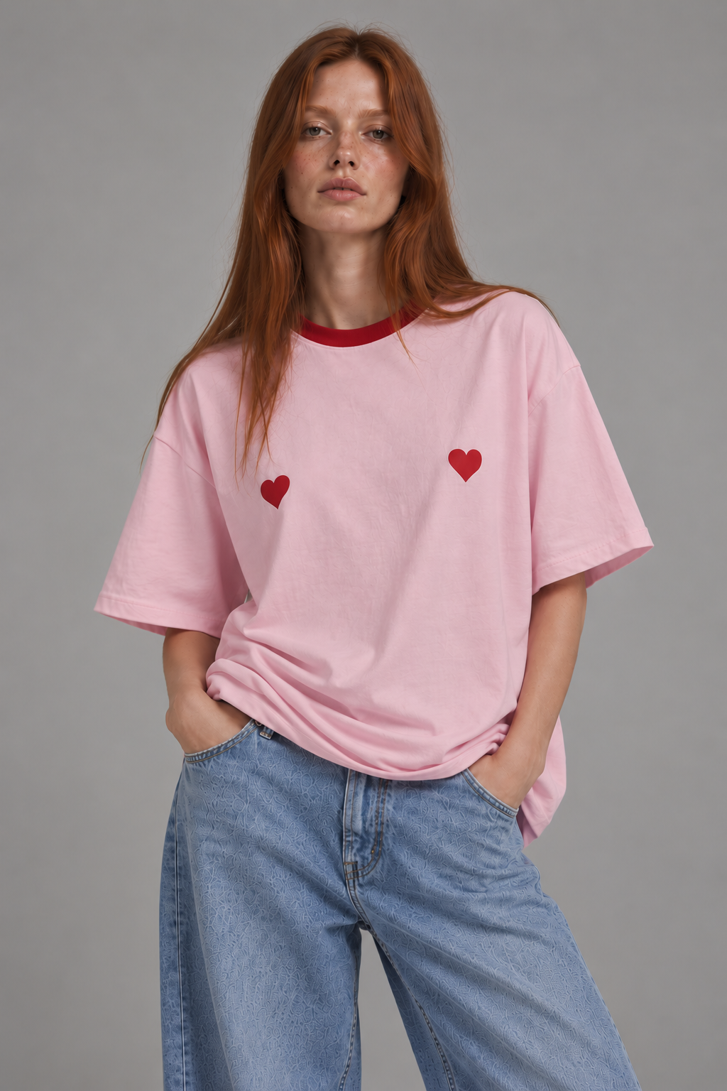 Model pulling a red MUSE logo tee up over her face